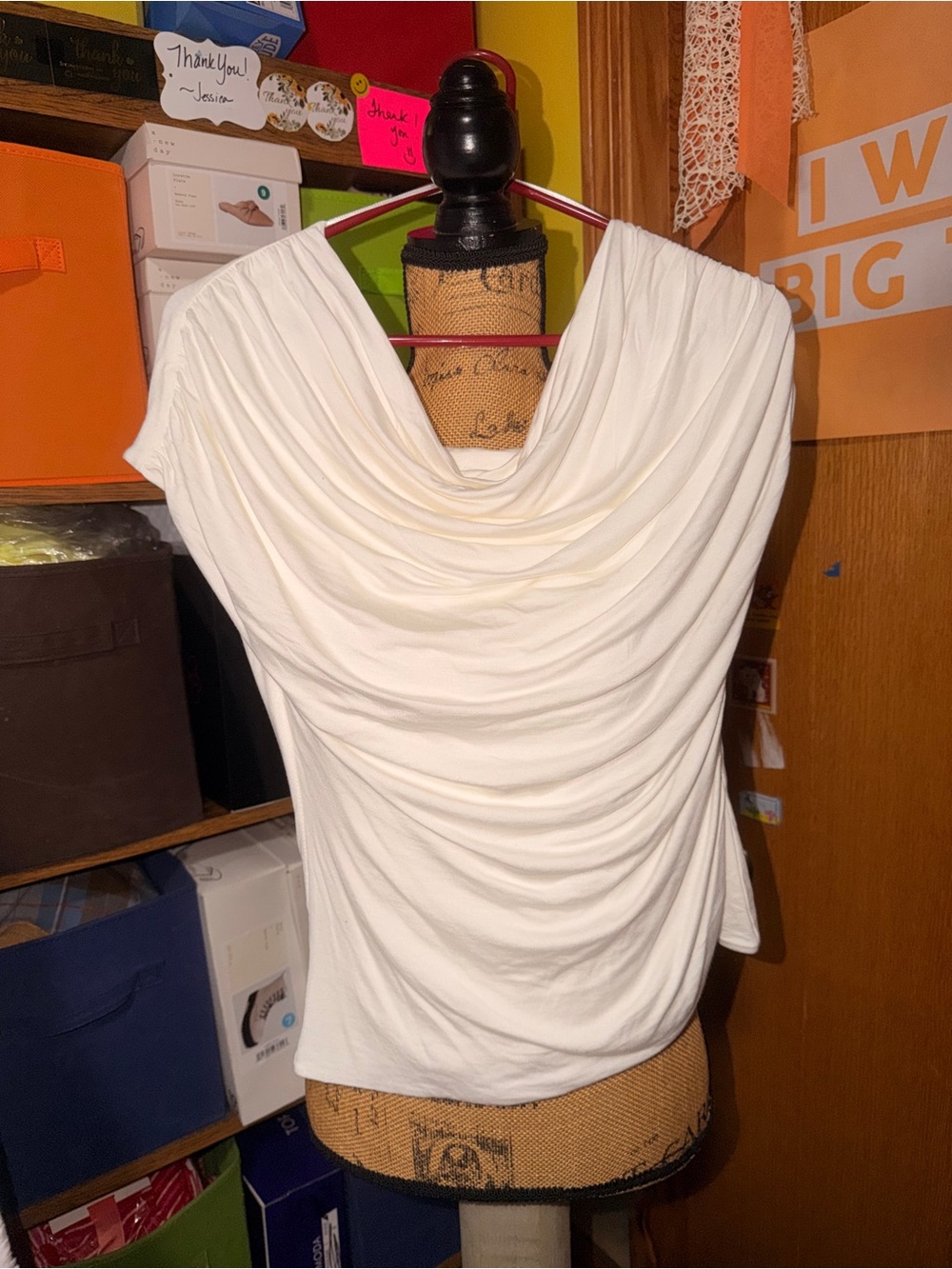 Women's White Draped Cowl Neck Blouse